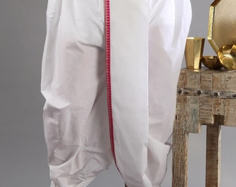 Bright-White Cotton Ready to Wear Dhoti with Woven Zari Patti from ISKCON Vrindavan by BLISS