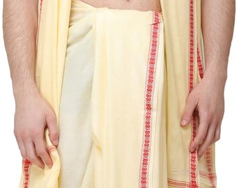 Afterglow Dhoti and Angavastram Set from Kashi with Woven Narrow Border