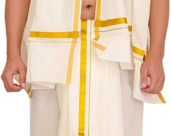 Ivory Kasavu Dhoti and Veshti Set from Kerala with Zari Woven Border