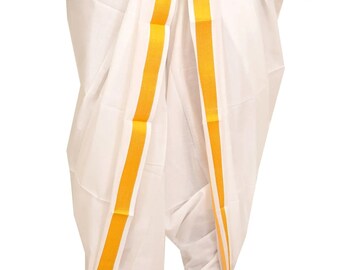 Bright-White Dhoti from Kerala with Woven Golden Border