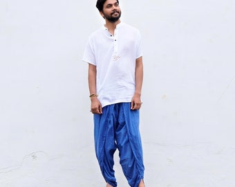 Isha’s Ready to wear Unisex Dhoti Pants with Half moon printed (Indigo) /Panchakacham. Easy to pull on.