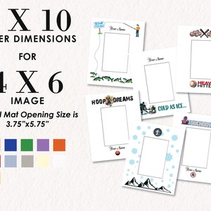 May include: A set of eight 8x10 inch photo mat templates with different designs. The templates are for 4x6 inch photos and have a mat opening size of 3.75 inches by 5.75 inches. The designs include a fishing scene, a basketball hoop, a hockey scene, a baseball scene, a football scene, and a mountain scene. The templates are available in a variety of colors.