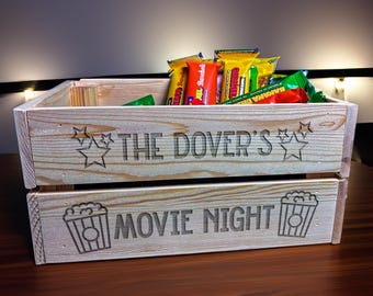Personalized Movie Night Snack Crate: Engraved Wooden Gift Box