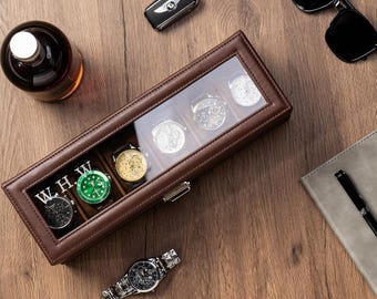 Personalized Brown Leather 6-Slot Watch Box | Engraved Watch Case