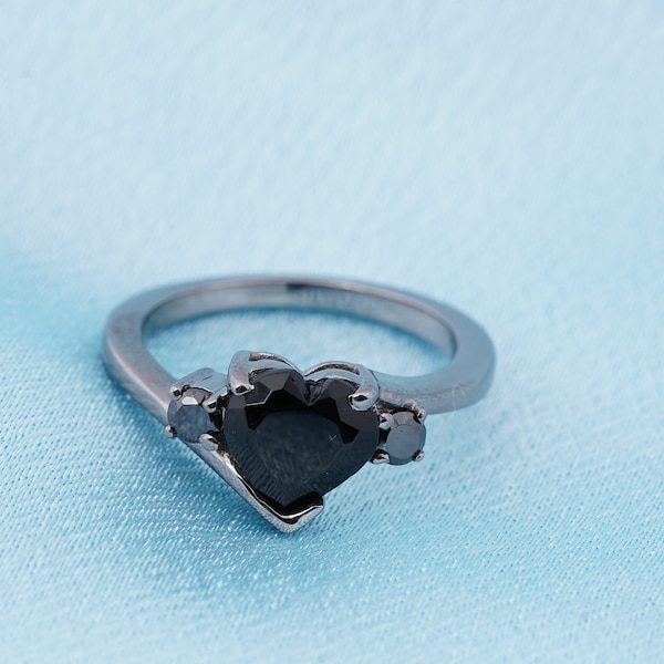 Black Diamond Ring, Black Onyx Heart Shaped Ring, 925 Sterling Silver Women Ring , New Design Band Ring, Three Stone Rings, Anniversary Gift