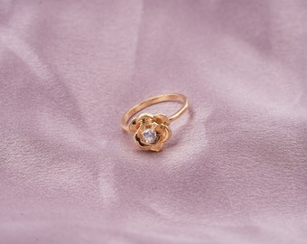 Rose Diamond Engagement Ring, Round Shape Flower Moissanite Diamond Ring, Rose Gold Flower Ring, Blossom Solitaire Women Ring, Gift For Her