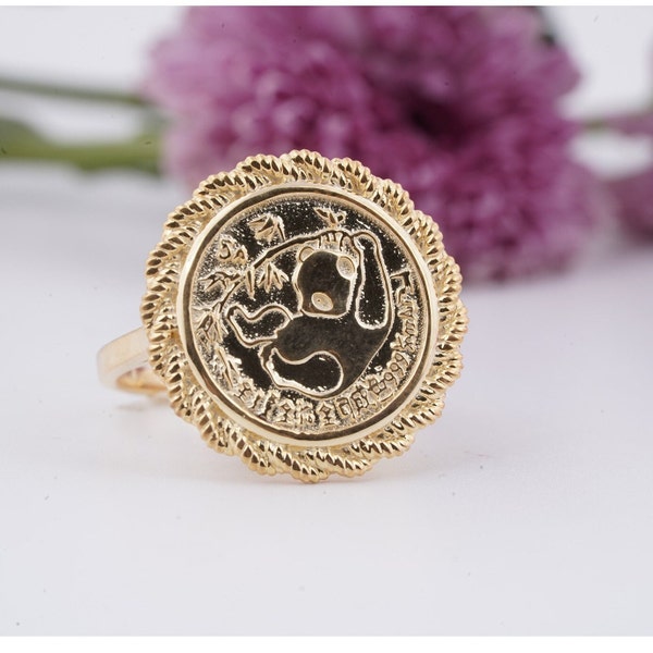 Gorgeous PANDA BEAR COIN  Ring , 14k Yellow Gold Plated dainty ring, unique gift for her, china gold coin jewelry