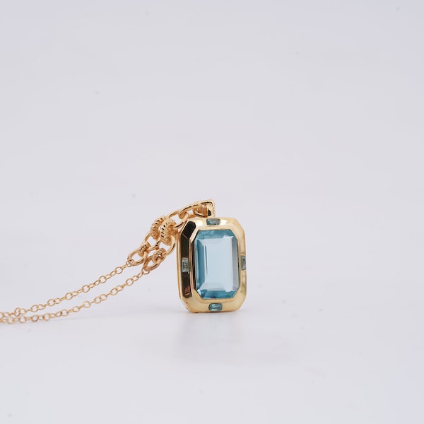 Solitaire Aquamarine Necklace, Emerald Cut Aquamarine Necklace, 14k Yellow Gold Plated Women's Necklace, March Birthstone, Perfect Gift her