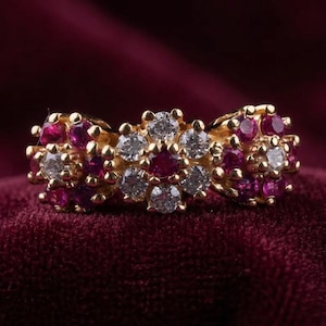 Vintage Style Ruby Diamond Cluster Ring, Floral Engagement Ring, 14K Yellow Gold Plated Promise Ring, July Birthstone Gift for Her