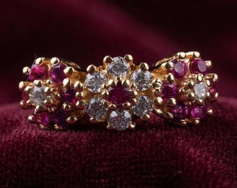 Elegant Ring Jewelry , Ruby Diamond Cluster Ring , Floral Engagement Ring , 14K Yellow Gold Plated Promise Ring ,  Birthday Gift for Love .