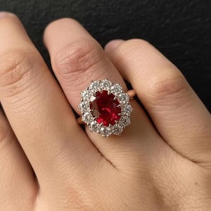 14K Gold Sterling Silver Yellow Gold Ruby Ring, Diamond Halo, Handmade Jewelry