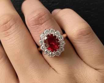 14K Gold Sterling Silver Yellow Gold Ruby Ring, Diamond Halo, Handmade Jewelry