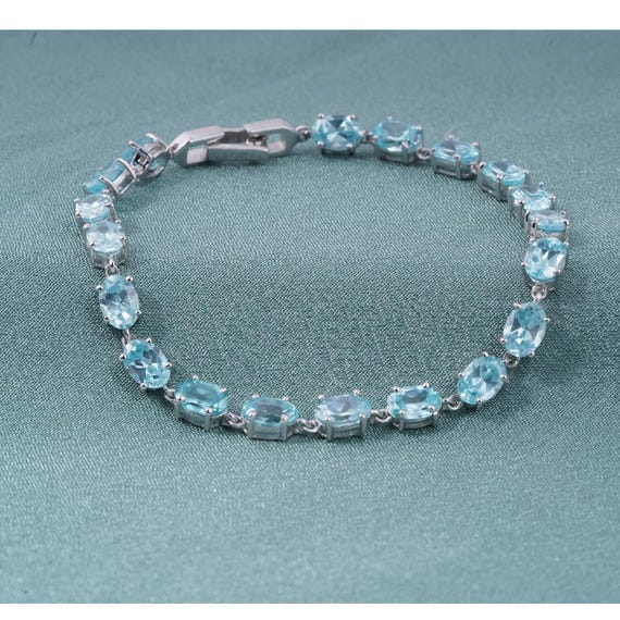 14K White Gold Oval Cut Aquamarine Diamond Tennis Bracelet For Women  Handmade Jewelry 925 Sterling Silver Wedding Bracelet Gift For