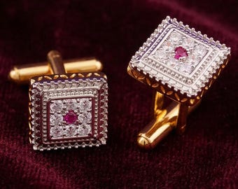 14k Yellow Gold Plated Round Cut Pink Ruby & Diamond Cufflinks for Men , 925 Sterling Silver , Formal Suit Accessories , Gift For Gentlemen