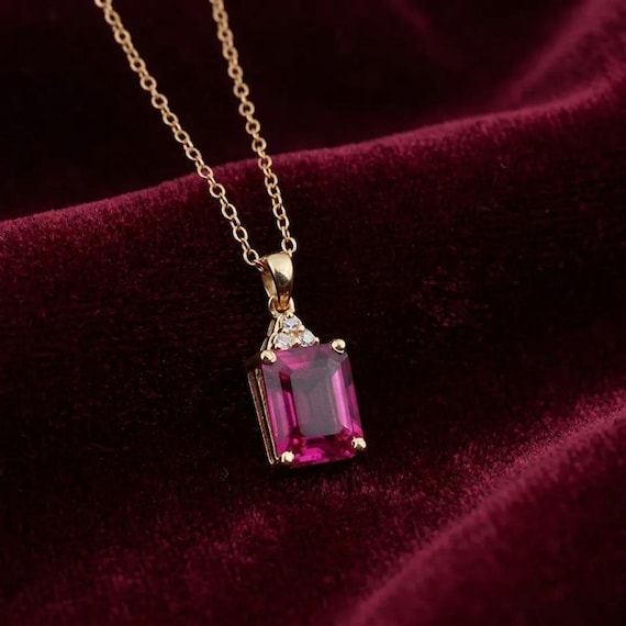 Emerald Cut Pink Ruby Necklace , 14K Gold Plated Everyday Use Pendant , Luxury Necklace Jewelry , 925 Sterling Silver , Special Gift For Her