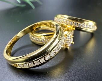 14K Gold Sterling Silver Moissanite Diamond Trio Ring Set: Wedding Engagement Rings