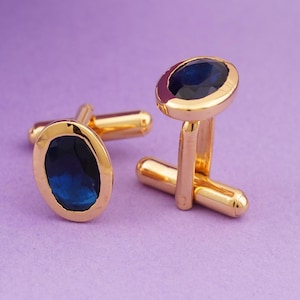 14k Yellow Gold Blue Sapphire Cufflinks, Oval Cut Sapphire Bezel Setting Cufflinks ,Minimalist Men's Jewelry Gift , Grooms Diamond Cufflinks