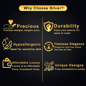 May include: An informational graphic titled Why Choose Silver? with gold text and icons on a black background. It lists six benefits: Precious, Durability, Hypoallergenic, Timeless Elegance, Affordable Luxury, and Unique Designs, each with a short description.