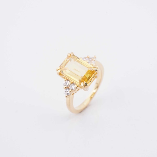 Emerald Shape Citrine Engagement Ring,Side Round Accent Stone 14K Yellow Gold Plated Ring, Available in All Gemstone Bridal Wedding Ring