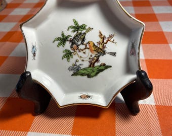 Plato octogonal festoneado con diseño de pájaros e insectos / Plato decorativo de estilo vintage / Plato decorativo inspirado en la naturaleza