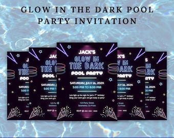 Invitación para fiesta en la piscina que brilla en la oscuridad / Plantilla editable de Canva / Invitación de cumpleaños neón / Descarga instantánea