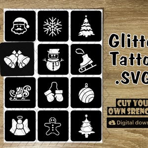 May include: A set of 12 black and white SVG cut files for glitter tattoos. The designs include a snowman, a Christmas tree, a stocking, a bell, a gingerbread man, a snowflake, a Santa hat, a skate, a reindeer, a Christmas ornament, an angel, and a Christmas tree with a star.