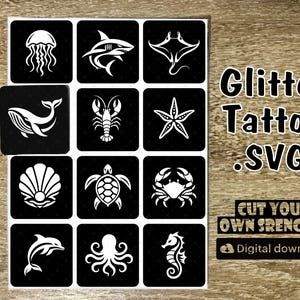 Ocean Sea Creatures Glitter Tattoo Stencils SVG Bundle (Digital Download)