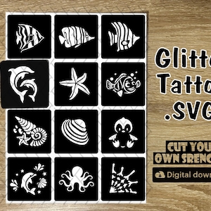 Puede incluir: Un conjunto de 12 archivos SVG en blanco y negro para tatuajes de purpurina. Los diseños incluyen una estrella de mar, un pingüino, un pulpo, una concha, un delfín y un pez. El texto "Glitter Tattoo .SVG Cut Your Own Stencils! Digital Download" está en la parte inferior de la imagen.