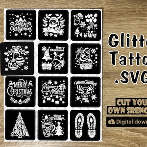 Op de afbeelding: Een set van 10 zwart-witte kerstthema SVG-bestanden voor glittertattoo-sjablonen. De ontwerpen omvatten een kerstboom, de kerstman, een rendier en andere feestelijke elementen. De tekst "Glitter Tattoo .SVG" en "Cut Your Own Stencils!" wordt weergegeven op de afbeelding.