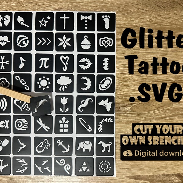 48 Bundle Tattoo, Glitter Tattoo Stencil SVGs, Cut your own stencils, Files, Glitter Tattoo Designs, Face Painting Stencils, SVG Stencils.