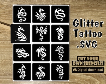 Dragon Glitter Tattoo Stencils: SVG Cut Files (Digital Download)