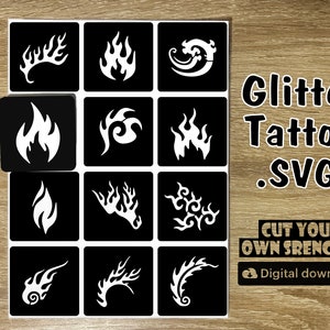 Glitter tattoos, Flame,  Stencils ,Stickers, Glitter sticker sheet, Files, Glitter Tattoo Designs, SVG Stencils, henna tattoo stencil, Flame