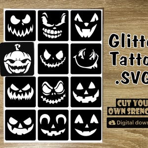Glitter Halloween Tattoo Stencils: Pumpkin Faces SVG (Digital Download)