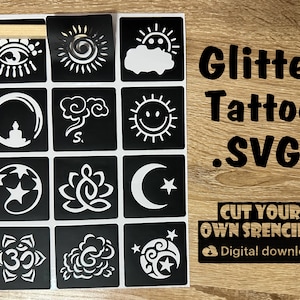 Puede incluir: Una hoja de plantillas cuadradas negras con diseños blancos, incluyendo un sol, una luna, un ojo y una flor de loto. El texto dice "Glitter Tattoo SVG" y "Cut Your Own Stencils!" con un icono de descarga digital.