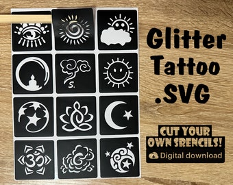 Glitzer Tattoo SVG, SVG Schablonen, Tattoo Art Bundle SVG, Tattoo Designs, 12 Glitzer Tattoo Schablone SVG Digitale Schneidedateien Cricut Schablone.