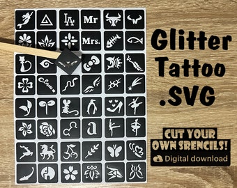 48 Glitter Tattoo Stencil SVGs: Face Painting Designs (Digital Download)