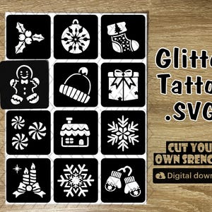 Puede incluir: Un conjunto de 12 archivos SVG de temática navideña en blanco y negro para tatuajes de purpurina. Los diseños incluyen un hombre de jengibre, un copo de nieve, una media, un árbol de Navidad, una casa, una vela, un gorro de Papá Noel y mucho más. El texto "Glitter Tattoo .SVG" y "Cut Your Own Stencils! Digital download" está incluido en la imagen.