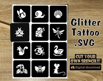 Plantillas de tatuajes con brillantina de animales: diseños SVG DIY (descarga digital)