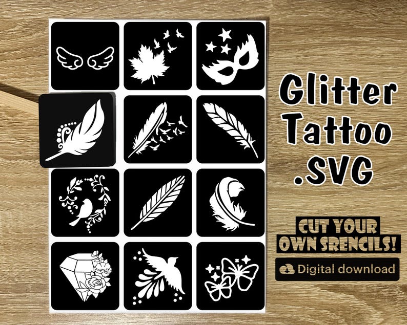 Curated visual reference: Fresh Look at Feather Tattoo Stencil Svg Bundle Glitter Tattoo Designs Digital