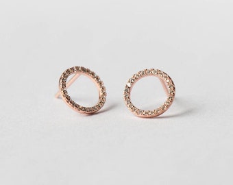 Round Stud - 925 Silver Pink Gold Earrings, Cubic Crystals, Elegant Women's Jewelry. Handcrafted Quality for Everyday Modern Gift Chic Style