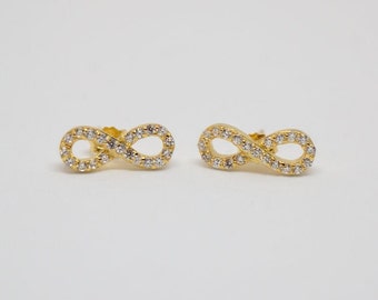 Golden infinity Earrings with crystals. Cool, Modern, and Uniquely Casual for a Bold Fashion Statement. 925 silver gold Every day outfit