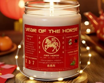2026 Chinees maannieuwjaar aangepaste geurkaars, jaar van het paard Lucky Fortune Candle, maannieuwjaar vuurpaard cadeau sojakaars 9oz