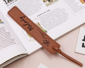 Personalized Name Birth Flower Leather Bookmark, Custom Birth Month Flower Leather Bookmark, Personalized Bookmark for Book Lover Gift