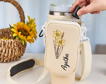 Personalized Birth Flower Waterproof Bottle Carrier Bag Removable Pouch 40oz Tumbler, Custom Gift for Her, Water Lover Birthday Gift