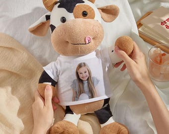 Peluche de vaca con foto personalizada, animal de peluche con foto personalizada, regalo de cumpleaños para bebés, juguete de recuerdo para niños, regalo de peluche con foto personalizado para amantes de las vacas