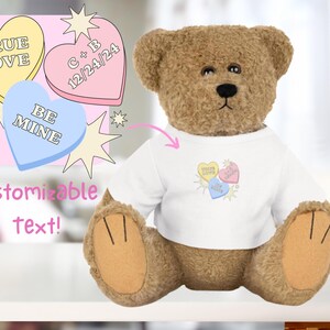 Personalized Text Candy Heart T Shirt Teddy Bear Bunny, Custom Valentines Day Plush Gift, Custom Heart Candy Valentines Gift, Gifts for Her