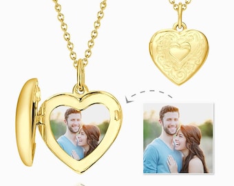Custom Photo Heart Locket Necklace With Engraving, Personalized Photo Heart Locket 14K Gold Plated Necklace, Custom Anniversary Gift