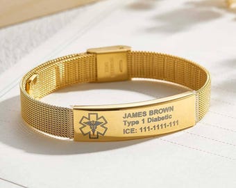 Personalized Emergency Medical Alert ID Adjustable Bracelet, Custom Emergency Medical Bracelet Gift for Diabetes Epilepsy Autism for Adults