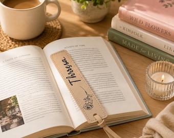 Personalized Name Birth Flower Leather Bookmark, Custom Birth Month Flower Leather Bookmark, Personalized Bookmark for Book Lover Gift