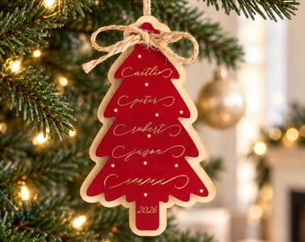 Custom Engraved Christmas Tree Shaped Ornament, Personalized Family Tree Ornament, Wooden Christmas Ornament, Holiday Family Keepsake Gift